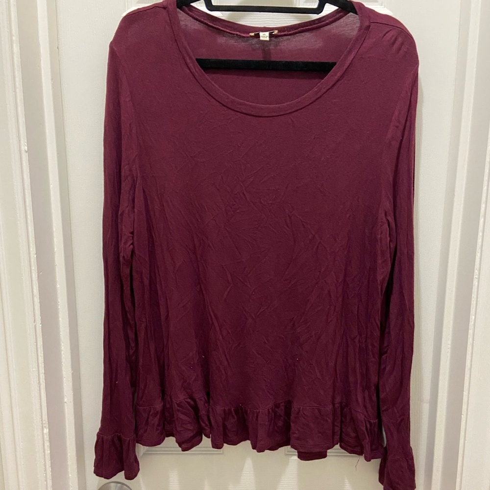 Lily White Long Sleeve Top Burgundy with Ruffle Sleeves and Hem